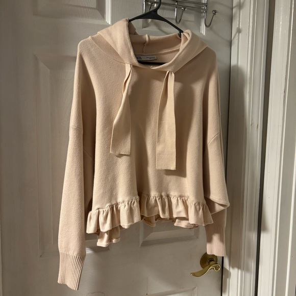 Zara Sweaters - Zara Beige Ruffle Sweater Cardigan with Hoodie Size 12